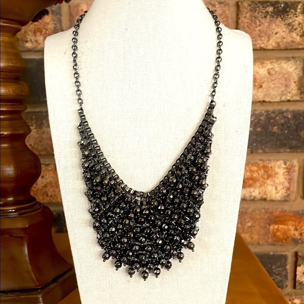 Multi Layered 20" Bib Necklace Beaded Gunmetal Color 20" With 3" Extender